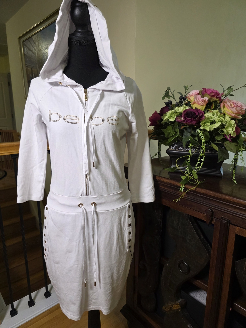 bebe White Hooded Zip Dress with Rhinestone Logo Size M